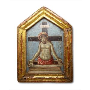 Gilt Wood Pax Painted With The Resurrected Christ. North Italian, 15th Century.