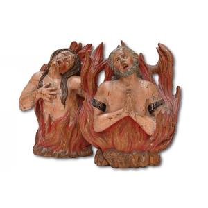 Sculptures Polychromes d'âmes Brûlantes Au Purgatoire. Allemagne Du Sud, XVIIe Siècle  