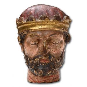 Polychromed Wooden Head Of A Decapitated King. French, 17th Century.