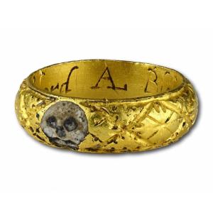 Rare Bague Memento Mori En Or Et émail. Anglais, Début Du XVIIe Siècle.