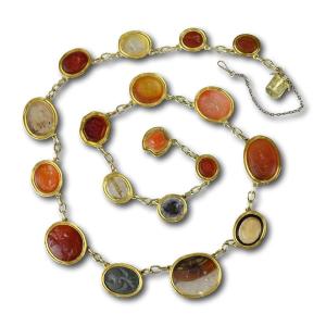 Classical Revival Necklace Set With Eighteen Ancient Hardstone Intaglios.