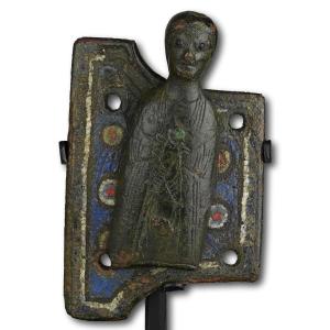 Champlevé Enamelled Copper Appliqué Of A Saint. French, Limoges, 13th Century.