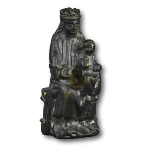 Bronze Figure Of The Seated Madonna And Child. English Or German, 14th Century.