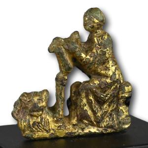 Relief En Bronze Doré Représentant Saint Marc Avec Son Lion. Français, 13e/14e Siècle.  