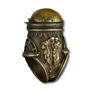 Renaissance Bronze Glove Ring With An Inkwell. Italian, 16/17th Century.