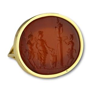 Carnelian Intaglio Of A Bacchanalian Sacrifice Set Into A High Carat Gold Ring.