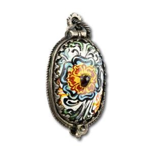 Silver Mounted Enamel Pomander Decorated With Flowers. German, 17th Century.