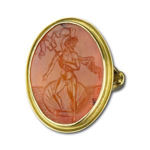 Gold Ring With A Carnelian Intaglio Of Neptune. Italian, Early 19th Century.