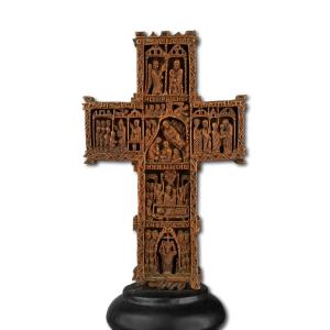 Exceptional Cypress Wood Blessing Cross. Mount Athos Workshop, 18th Century.