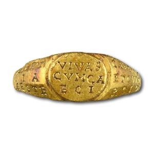 Ancient Gold Talismanic Ring With Inscriptions. Roman, 3rd - 4th Century Ad.