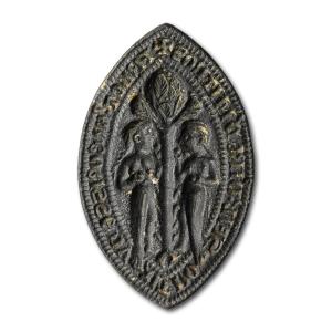 Medieval Bronze Seal Of Two Women Eating Fruit. English, 14th Century.