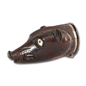 Silver And Lignum Snuff Box Of A Boars Head. English Or Scottish, 18th Century.