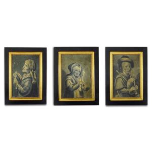 Trois grisailles représentant des personnages de théâtre. France, début du XVIIIe siècle. 