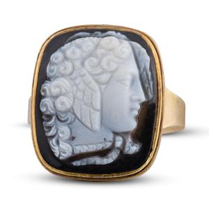 Gold Ring Set With A 19th Century Sardonyx Cameo Of Medusa.