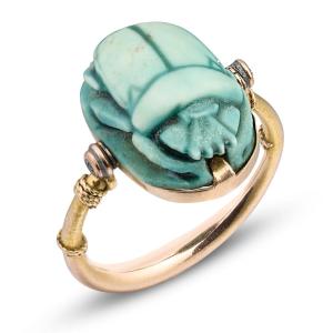 Antique Gold Ring Set With An Ancient Egyptian Faience Scarab.