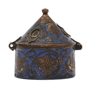 Limoges Champlevé Enamelled Copper-gilt Pyx With Cabochon Mounts, 13th Century.