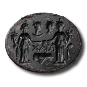 Bloodstone (heliotrope) Intaglio: Marriage Scene. Roman, 2nd–3rd Century A.d.