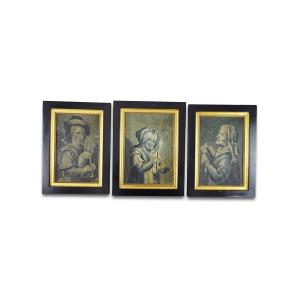 Three Grisaille Paintings On Leather Of Theatrical Figures. French, 18th Century