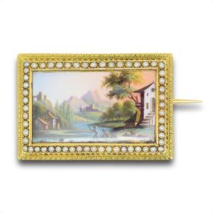 Broche En Or Avec Plaque émaillée d'Un Paysage Alpin. Suisse, Fin Du XIXe Siècle.