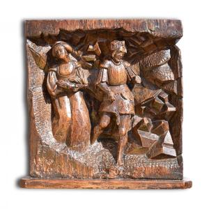 Oak Relief Of Saint Longinus And The Virgin. Flemish, Early 16th Century.