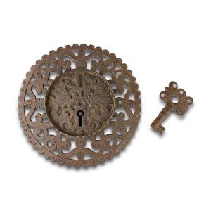 Pierced Iron Casket Lock & Original Key. Spanish, 17th Century.