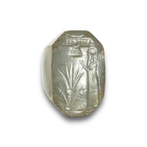  A Bluish-grey Chalcedony Stamp Seal With A Cultic Scene.   Assyro-babylonian, 8th - 7th Centur