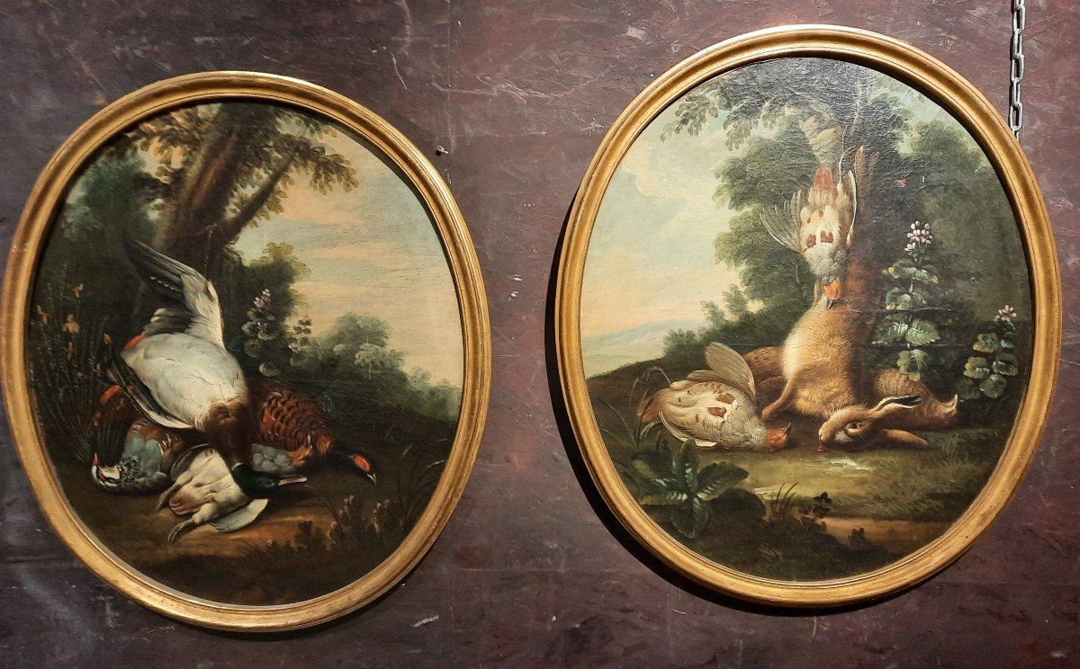 Pair Of Paintings "still Life With Pheasant And Hare"
