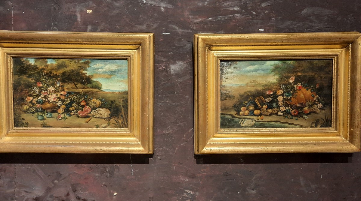 Pair Of Oils On Wood "still Lifes With Fruit" 