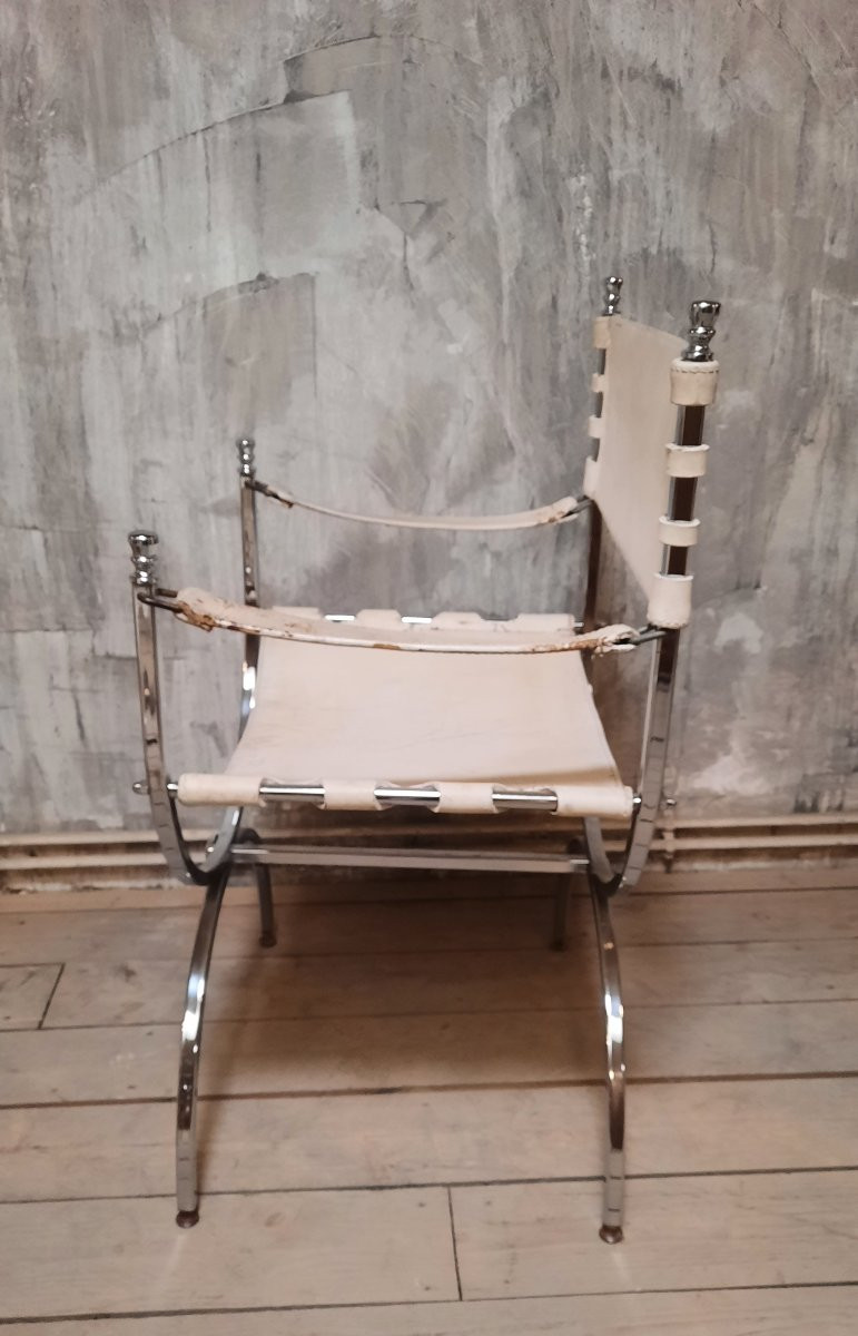 Pair Of Modernist Neoclassical Armchairs By Maison Jansen In Chromed Steel And White Leather-photo-2
