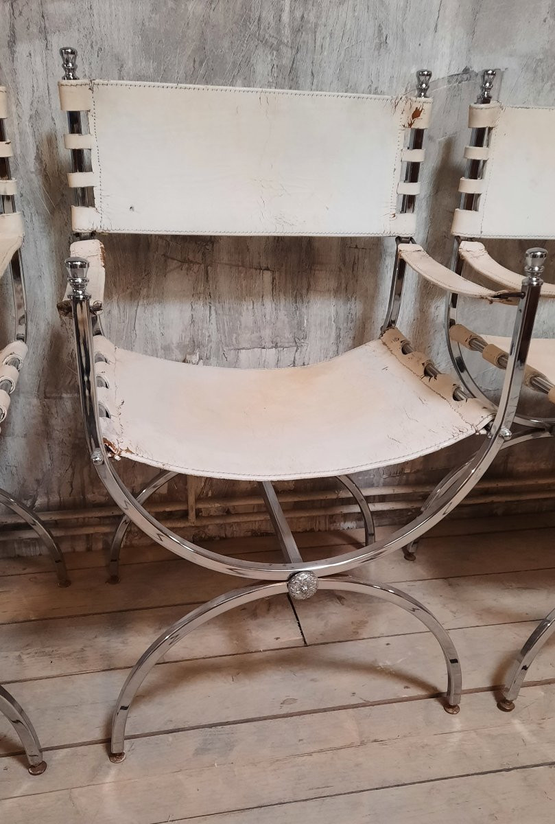 Pair Of Modernist Neoclassical Armchairs By Maison Jansen In Chromed Steel And White Leather-photo-4