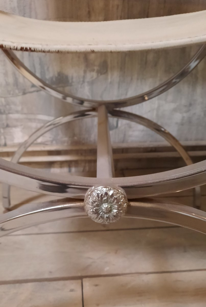 Pair Of Modernist Neoclassical Armchairs By Maison Jansen In Chromed Steel And White Leather-photo-2