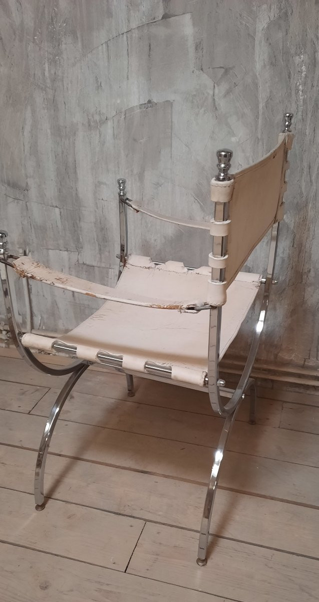 Pair Of Modernist Neoclassical Armchairs By Maison Jansen In Chromed Steel And White Leather-photo-3