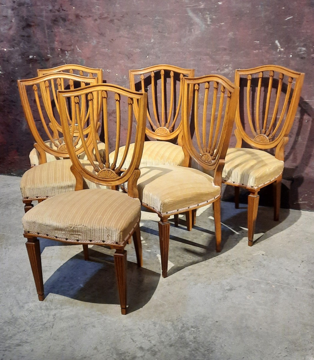 Set Of 6 Louis XVI Style Crested Back Chairs 