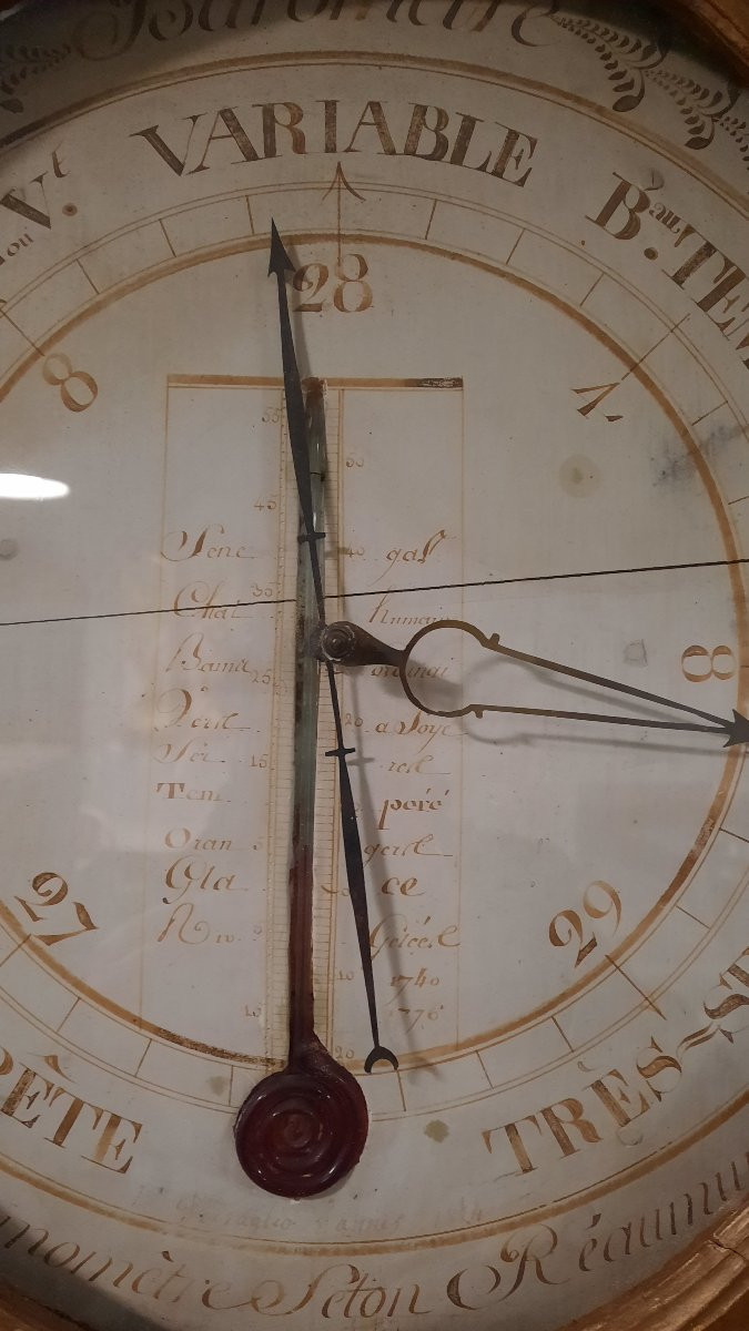 Baromètre en bois sculpté doré d'époque Louis XVI -photo-2