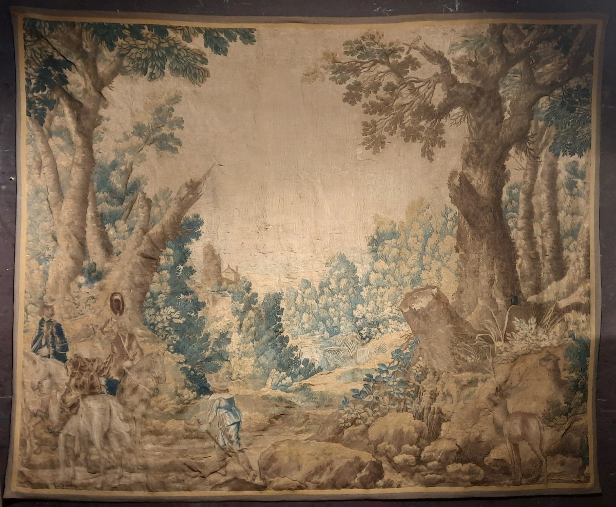 Tapisserie Aubusson 18ème siècle représentant une scène de chasse à cheval 
