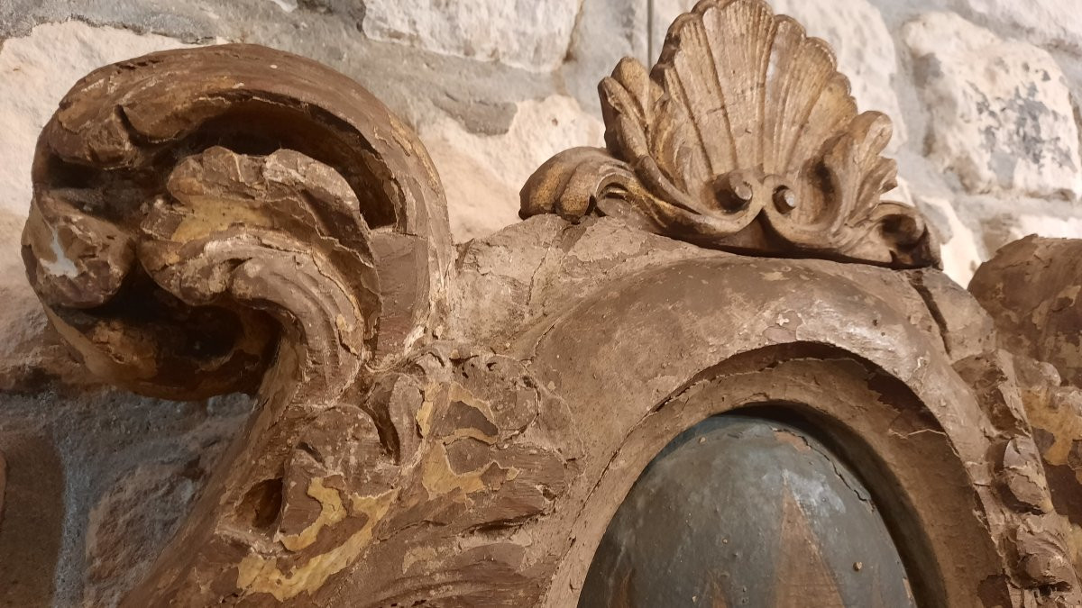 Fronton en bois sculpté polychrome 18eme siècle -photo-2