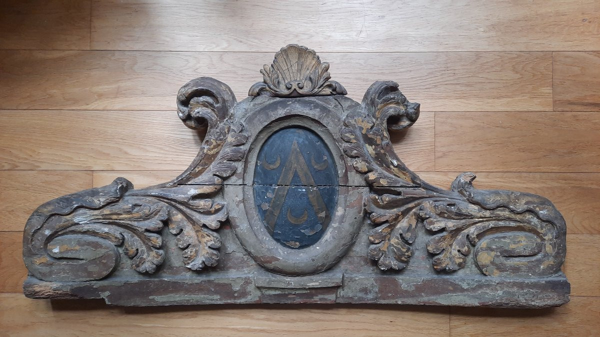 Fronton en bois sculpté polychrome 18eme siècle -photo-6