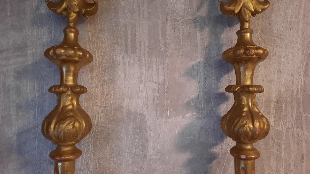 Pair Of Processional Crosses In Gilded Carved Wood-photo-4