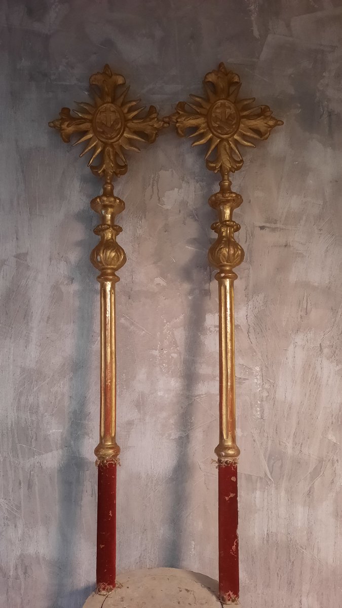 Pair Of Processional Crosses In Gilded Carved Wood