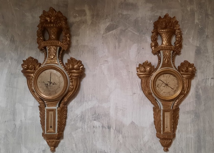 Barometer And Clock In Gilded Carved Wood 