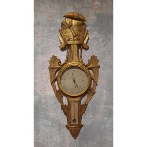 Louis XVI Period Gilded Carved Wood Barometer With Musical Attributes 