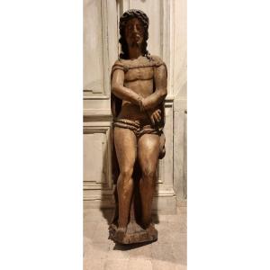 18th Century Oak Statue Depicting "christ In Chains"