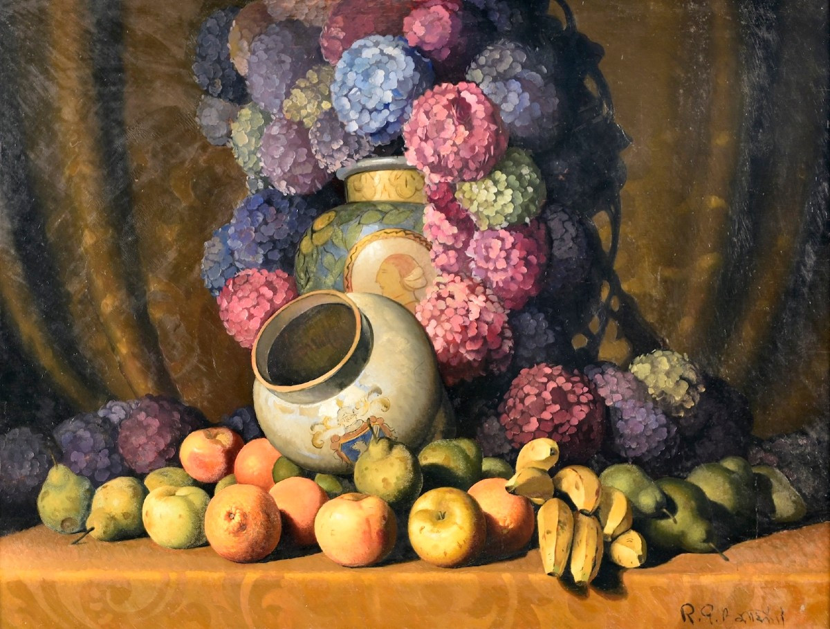 RINO GASPARE BATTAINI - Nature morte avec vase, hortensias et fruits -photo-2