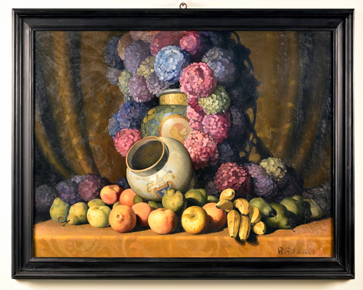 RINO GASPARE BATTAINI - Nature morte avec vase, hortensias et fruits 