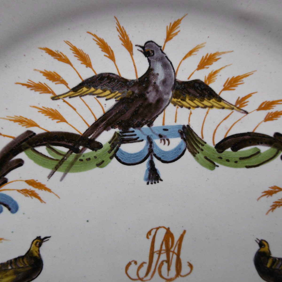 Nevers Earthenware Plate Decorated With Birds And A Monogram D Eighteenth Time-photo-3