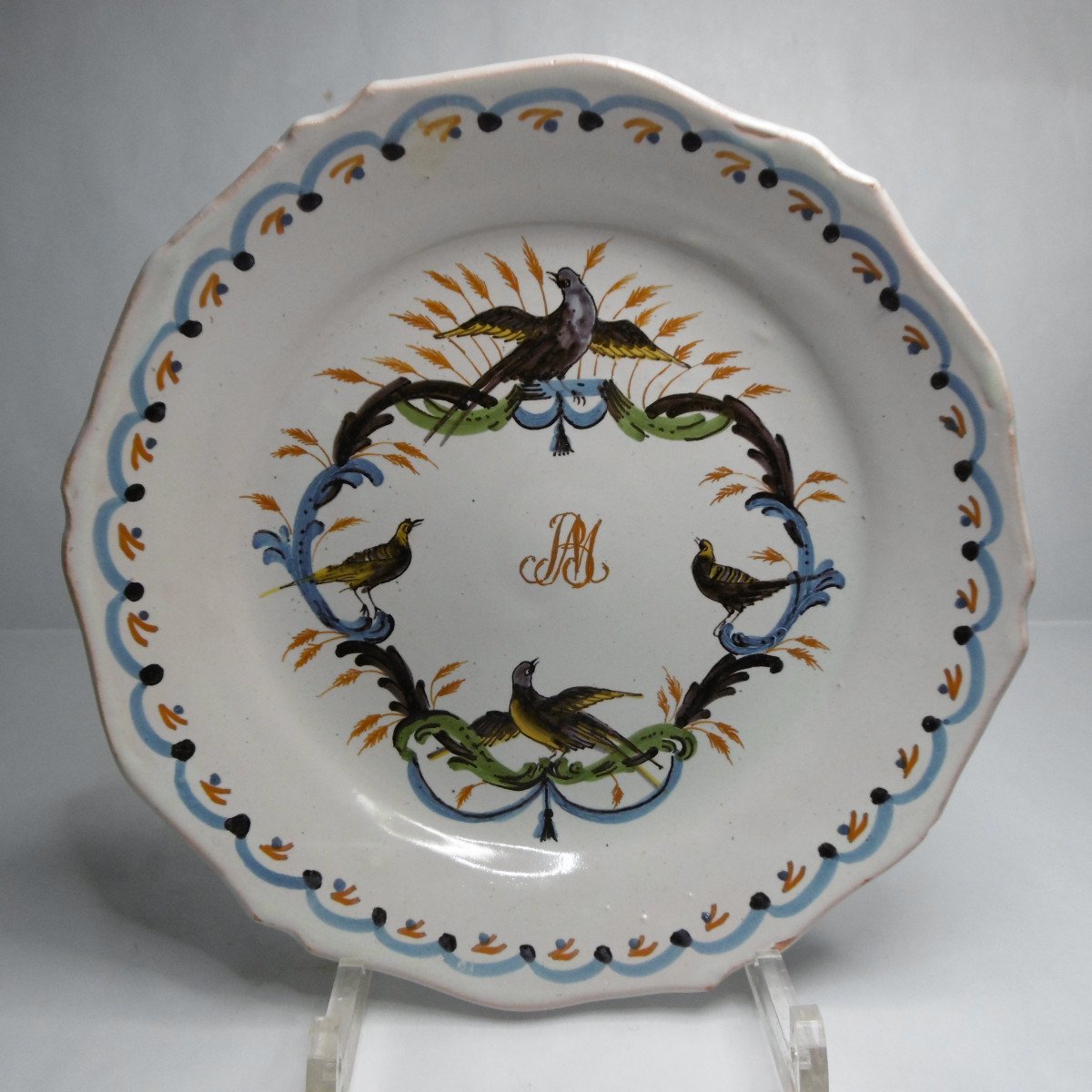 Nevers Earthenware Plate Decorated With Birds And A Monogram D Eighteenth Time