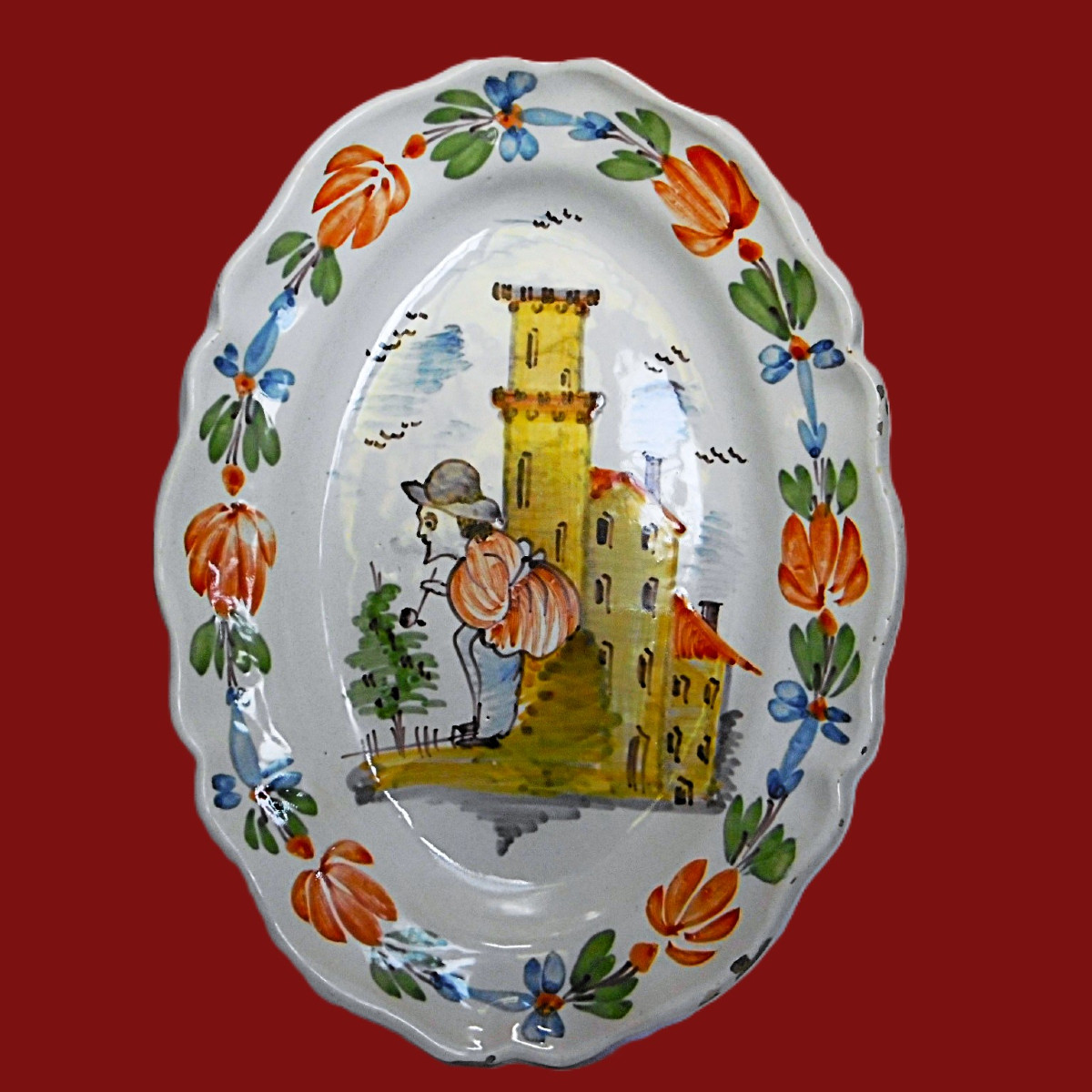 FAIENCE DE DAX PLAT HUMORISTIQUE AU FUMEUR FLATULEUR D'EPOQUE XIXéme