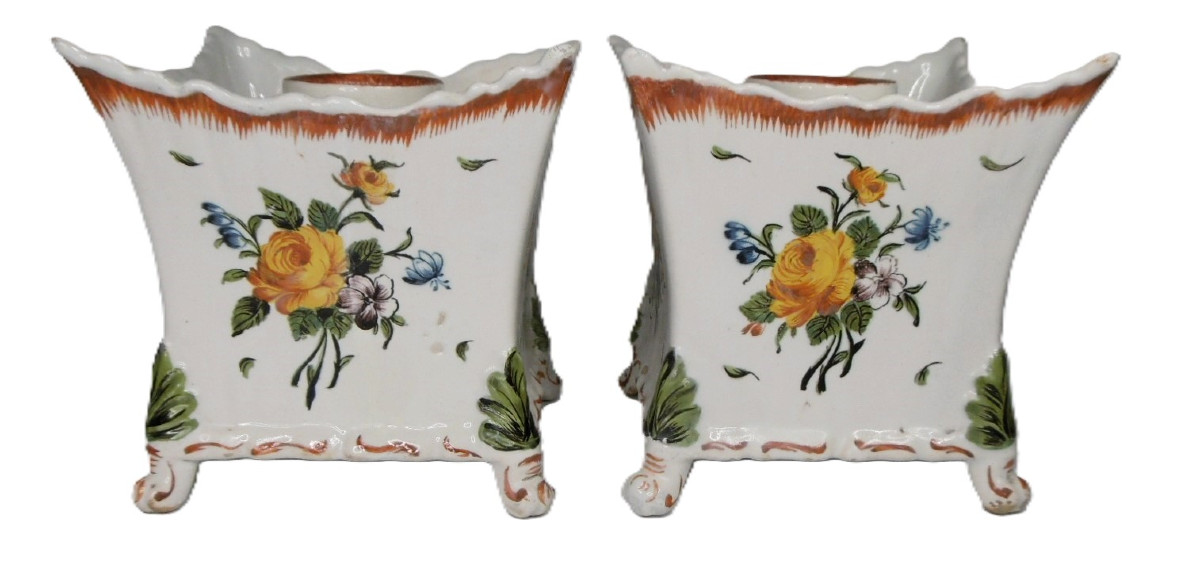Sinceny Earthenware Pair Of Yellow Rose Bouquetieres From The 18th Century-photo-1