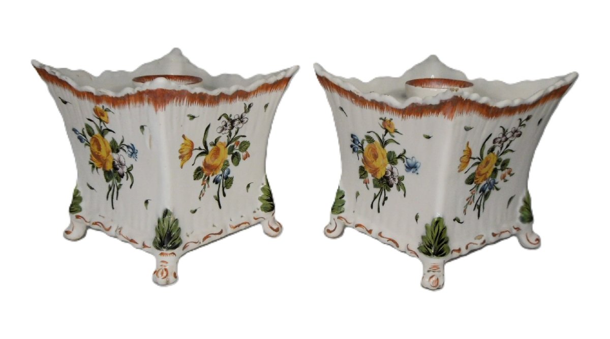 Sinceny Earthenware Pair Of Yellow Rose Bouquetieres From The 18th Century-photo-5