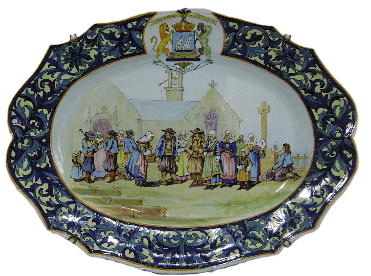 Quimper Earthenware Porquier Large (54cm) Platter With Dedication And Period Mark, 19th Century